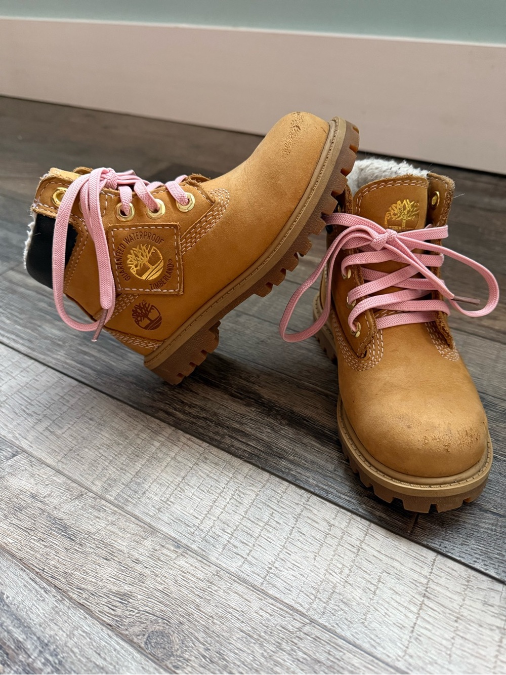 Timberland Kids' Wheat Waterproof Boots with Stretch Pink Laces